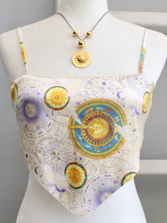Forever 21 Tops - Forever 21 Zodiac Whimsical Satin Crop Handkerchief Tank Top White Gold sz Small